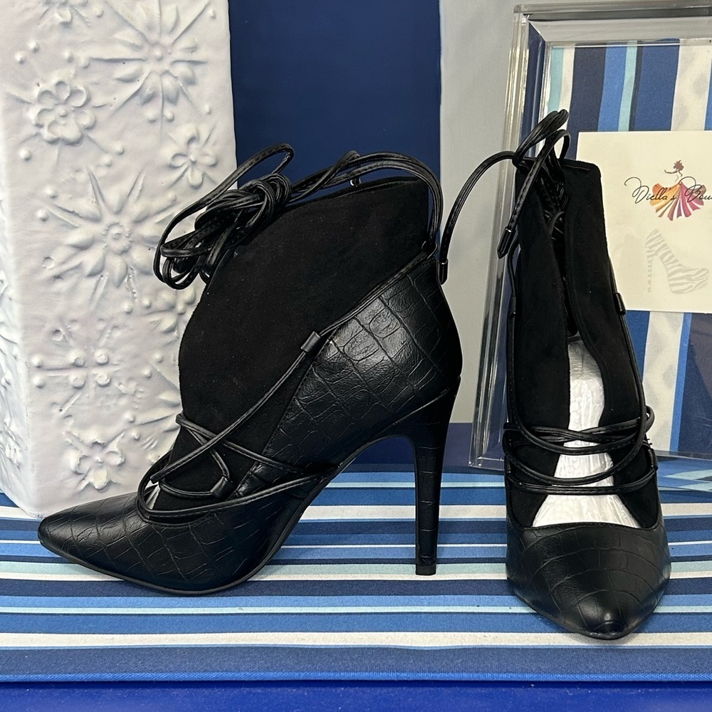 New black open croc animal print lace up high heel pointed pump boots